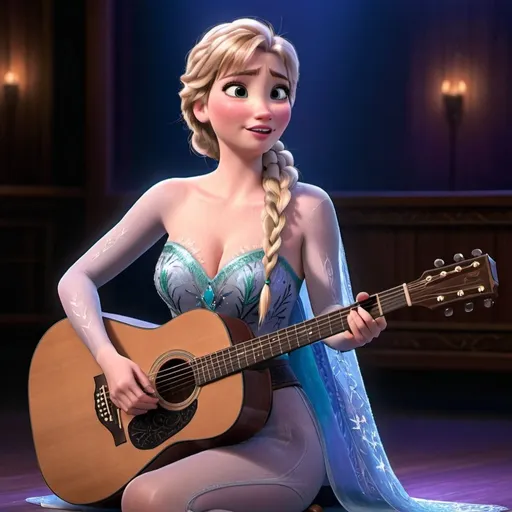 Prompt: Anna From Frozen sitting down singing playing acoustic guitar in concert wearing very skimpy and revealing outfit