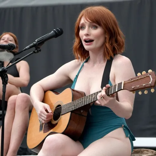 Prompt:  Bryce Dallas Howard sitting down singing in huge concert strumming her acoustic guitar and wearing extremely skimpy bathing suit and showing off her legs.