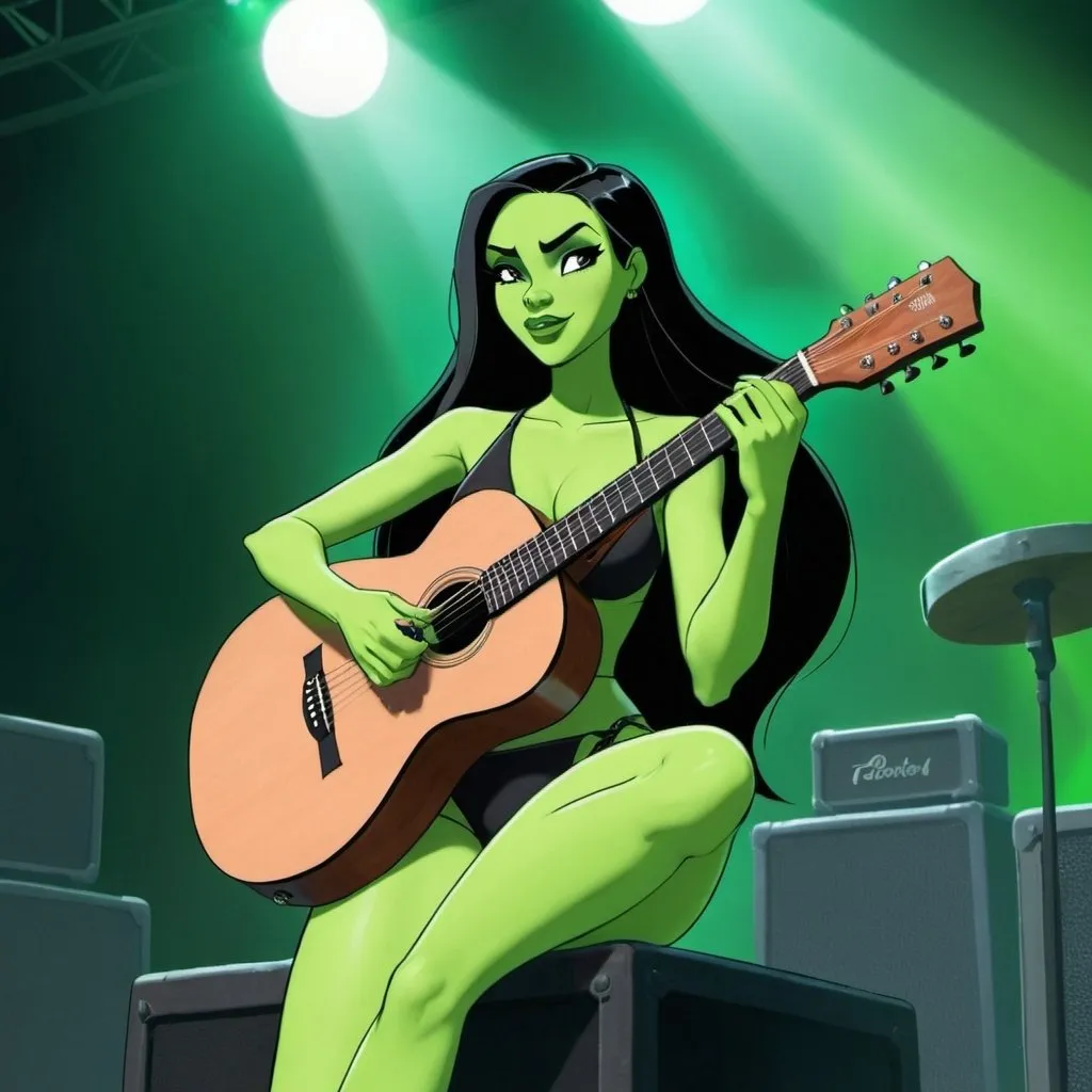 Prompt: Shego from Kim Possible sitting down singing in huge concert strumming her acoustic guitar and wearing extremely skimpy bathing suit and showing off her legs.