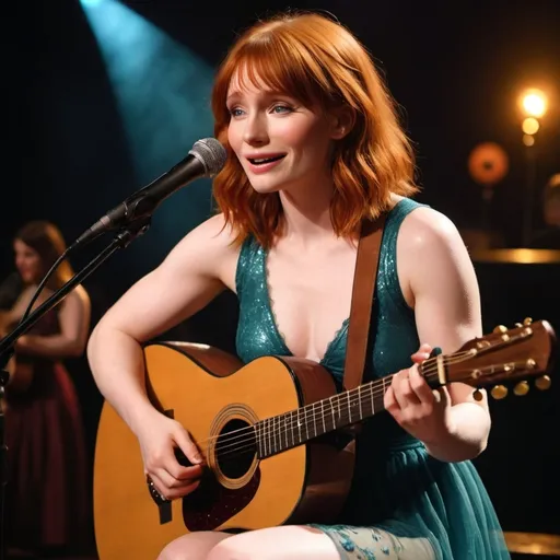 Prompt: (Young Bryce Dallas Howard), singing a ballad in a concert, emotional performance, holding an acoustic guitar, sitting down, wearing revealing slit to the thigh dress (showing off her legs), (tears coming out of her eyes), vibrant colors, warm lighting, (dreamy atmosphere), stage backdrop, cheerful audience, soft focus, detailed facial expression, enchanting surroundings, intense gaze, HD, (whimsical, emotional,vibe). 