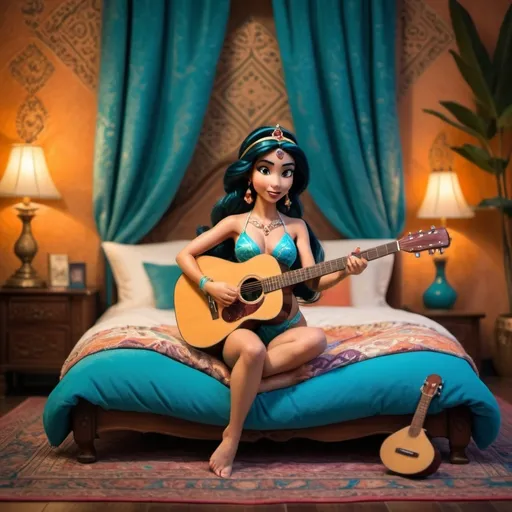 Prompt: Princess Jasmine sitting on her bed singing and strumming her acoustic guitar wearing swimsuit and crossing her legs.