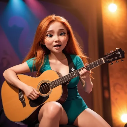 Prompt: (Kim Possible), singing a ballad in a concert, emotional performance, holding an acoustic guitar, sitting down, wearing revealing swimsuit (showing off her legs), (tears coming out of her eyes), vibrant colors, warm lighting, (dreamy atmosphere), stage backdrop, cheerful audience, soft focus, detailed facial expression, enchanting surroundings, intense gaze, HD, (whimsical, emotional,vibe).