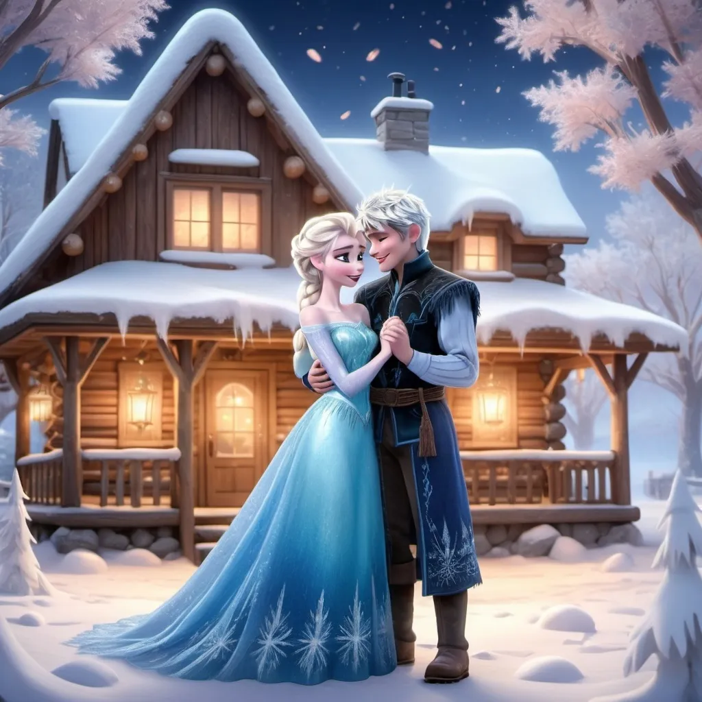 Prompt: (Elsa and Jack Frost as a married couple), (romantic honeymoon setting), enchanting winter landscape, soft snowflakes gently falling, gentle warm glow from lanterns, cozy log cabin in the background, serene atmosphere filled with love, warm pastel color tones, detailed expressions of joy and affection, surrounded by beautiful frosted trees, high quality, ultra-detailed, dreamy ambiance.