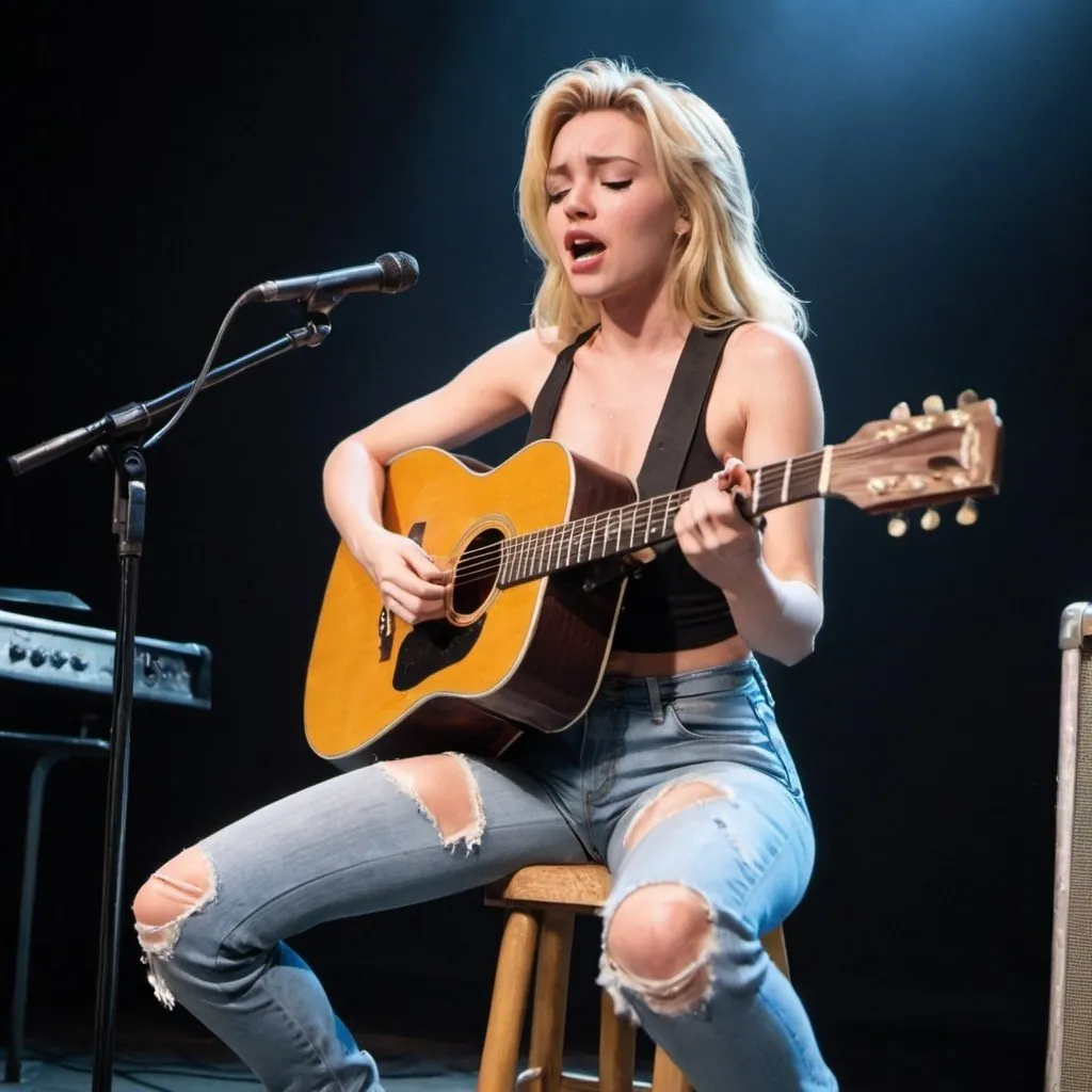 Prompt: Holli Would from Cool World singing in concert strumming her acoustic guitar wearing ripped torn jeans and sitting down.