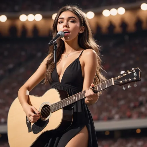 Prompt: Madison Beer (singing the national anthem in a sports stadium), sitting down with an acoustic guitar, wearing a (slit to the thigh and waist dress), crossing her legs gracefully, vibrant stadium lights illuminating the scene, warm and inviting atmosphere, enthusiastic crowd in the background, ultra-detailed, photorealistic image capturing her emotional expression and poise.