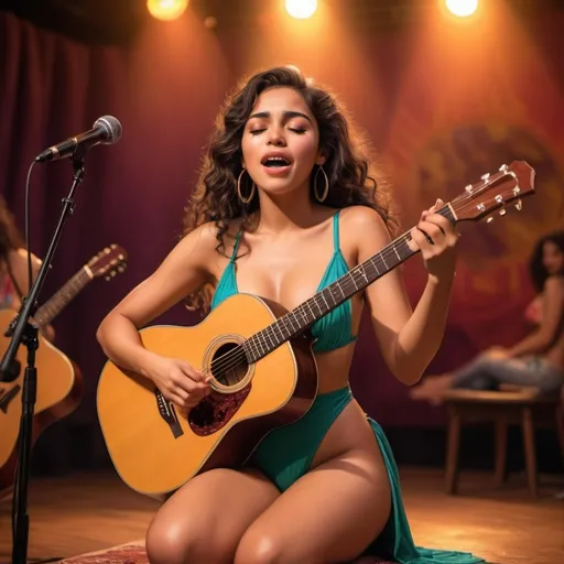 Prompt: (Esmeralda), singing a ballad in a concert, emotional performance, holding an acoustic guitar, sitting down, wearing revealing swimsuit (showing off her legs), (tears coming out of her eyes), vibrant colors, warm lighting, (dreamy atmosphere), stage backdrop, cheerful audience, soft focus, detailed facial expression, enchanting surroundings, intense gaze, HD, (whimsical, emotional,vibe).