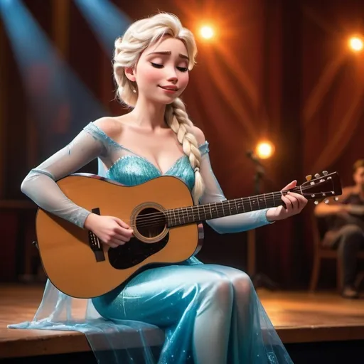 Prompt: (Elsa singing), emotional performance, acoustic guitar, sitting down, (showing off her legs), vibrant colors, warm lighting, (dreamy atmosphere), stage backdrop, cheerful audience, soft focus, detailed facial expression, enchanting surroundings, intense gaze, HD, (whimsical, joyful vibe).