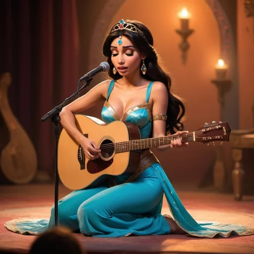 Prompt: (Princess Jasmine), singing a ballad in a concert, emotional performance, holding an acoustic guitar, sitting down, wearing revealing slit to the thigh dress (showing off her legs), (tears coming out of her eyes), vibrant colors, warm lighting, (dreamy atmosphere), stage backdrop, cheerful audience, soft focus, detailed facial expression, enchanting surroundings, intense gaze, HD, (whimsical, emotional,vibe).