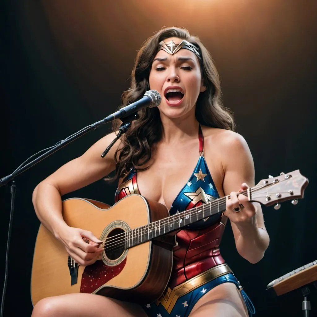 Prompt: Wonder Woman wearing swimsuit singing sitting down in concert playing acoustic guitar as she sings her heart out.