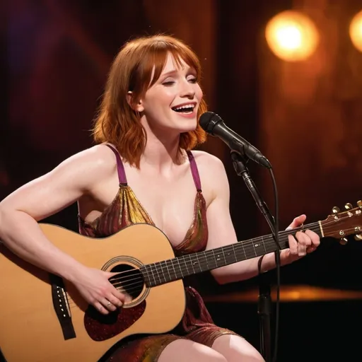 Prompt: (Young Bryce Dallas Howard), singing a ballad in a concert, emotional performance, holding an acoustic guitar, sitting down, wearing revealing slit to the thigh dress (showing off her legs), (tears coming out of her eyes), vibrant colors, warm lighting, (dreamy atmosphere), stage backdrop, cheerful audience, soft focus, detailed facial expression, enchanting surroundings, intense gaze, HD, (whimsical, emotional,vibe). 