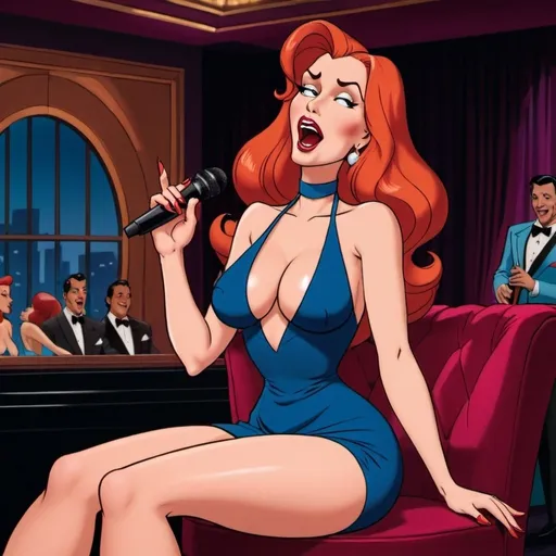 Prompt: Jessica Rabbit singing as a lounge singer in a club wearing a slit to the thigh dress showing off her legs and sitting down as she sings.
