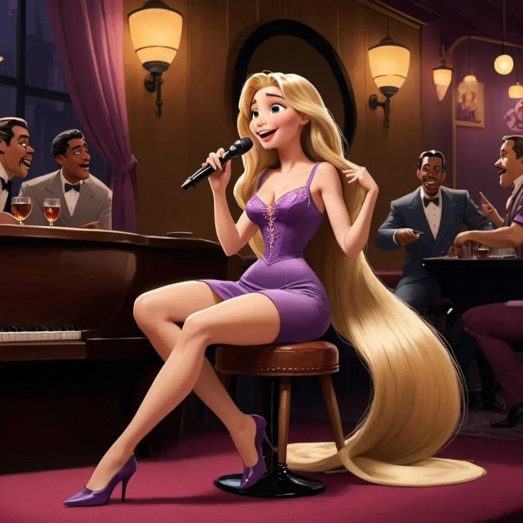 Prompt: Rapunzel singing in a jazz club as a lounge singer sitting down while wearing a extremeley reavealing slit to the thigh and waist dress while crossing her legs.
