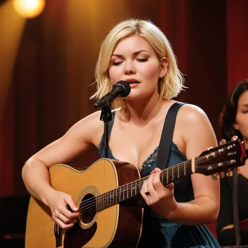 Prompt: (Young Elisha Cuthbert), singing a ballad in a concert, emotional performance, holding an acoustic guitar, sitting down, wearing revealing slit to the thigh dress (showing off her legs), (tears coming out of her eyes), vibrant colors, warm lighting, (dreamy atmosphere), stage backdrop, cheerful audience, soft focus, detailed facial expression, enchanting surroundings, intense gaze, HD, (whimsical, emotional,vibe). 