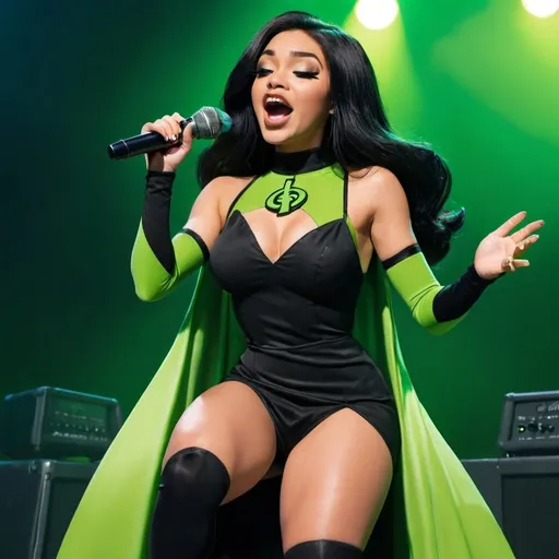 Prompt: Shego from Kim Possible sitting down singing in huge concert and wearing extremely reveaing slit to the thigh and waist dress and showing off her legs. Holding microphone and singing