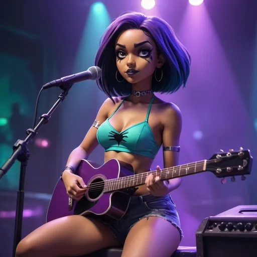 Prompt: Raven from Teen Titans singing in concert sitting down strumming her acoustic guitar wearing tube top and very tiny short shorts and showing off her legs she is sitting down.