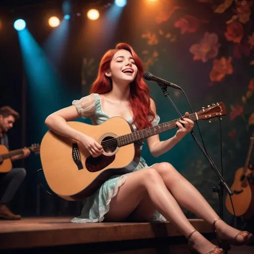 Prompt: (Ariel singing), emotional performance, acoustic guitar, sitting down, (showing off her legs), vibrant colors, warm lighting, (dreamy atmosphere), stage backdrop, cheerful audience, soft focus, detailed facial expression, enchanting surroundings, intense gaze, HD, (whimsical, joyful vibe).