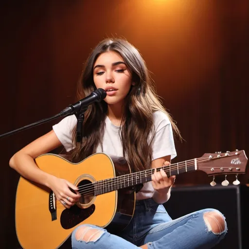 Prompt: (Madison Beer), emotional performance, acoustic guitar, sitting down, (showing off her legs), (tears coming out of her eyes), vibrant colors, warm lighting, (dreamy atmosphere), stage backdrop, cheerful audience, soft focus, detailed facial expression, enchanting surroundings, intense gaze, HD, (whimsical, joyful vibe).