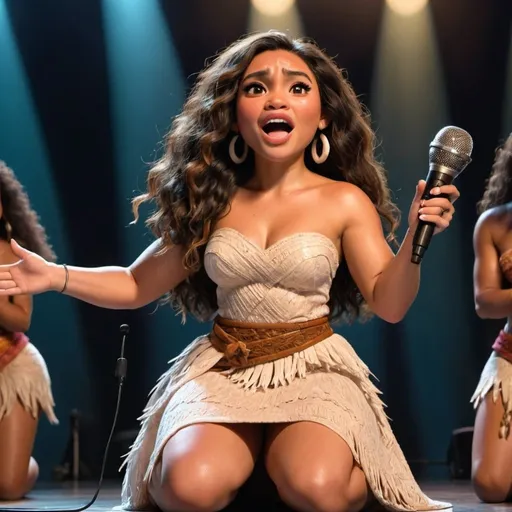 Prompt: Moana sitting down singing in huge concert and wearing extremely reveaing slit to the thigh and waist dress and showing off her legs. Holding microphone and singing