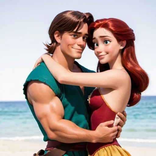 Prompt: Jim Hawkins and Ariel on their honeymoon at a beach hugging each other.