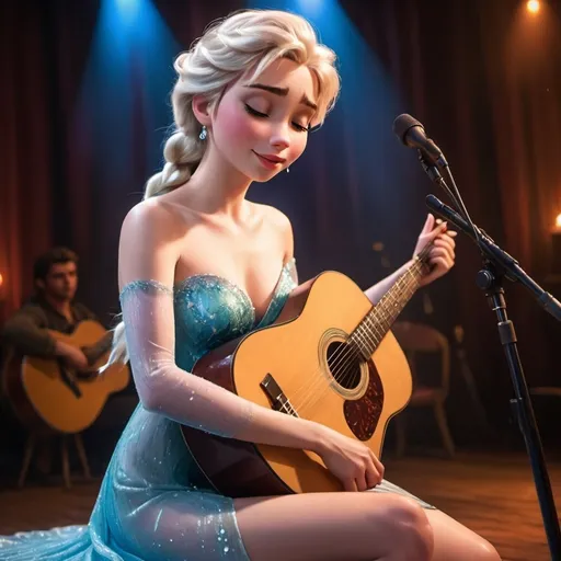 Prompt: (Elsa), emotional performance, acoustic guitar, sitting down, wearing revealing slit to the thigh dress (showing off her legs), (tears coming out of her eyes), vibrant colors, warm lighting, (dreamy atmosphere), stage backdrop, cheerful audience, soft focus, detailed facial expression, enchanting surroundings, intense gaze, HD, (whimsical, joyful vibe).