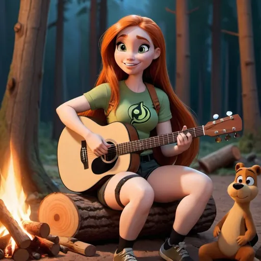 Prompt: Kim Possible sitting down in a log near a crowded campfire singing wearing very short shorts while strumming her acoustic guitar and crossing her legs.
