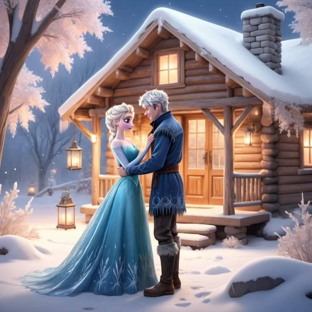 Prompt: (Elsa and Jack Frost as a married couple), (romantic honeymoon setting), enchanting winter landscape, soft snowflakes gently falling, gentle warm glow from lanterns, cozy log cabin in the background, serene atmosphere filled with love, warm pastel color tones, detailed expressions of joy and affection, surrounded by beautiful frosted trees, high quality, ultra-detailed, dreamy ambiance.