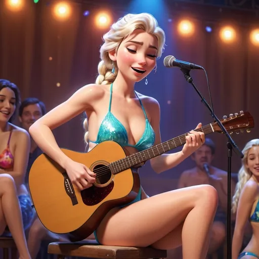 Prompt: (Elsa performing) singing at a concert, strumming an (acoustic guitar), wearing a skimpy (bathing suit), showcasing her legs while sitting down, vibrant and lively atmosphere, colorful stage lights creating dynamic reflections, captivated audience, warm tone setting, emphasis on her joyful expression, high-quality details, ultra-detailed scene.