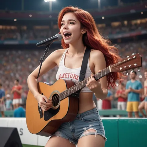 Prompt: (Ariel singing) US national anthem, sitting in a vibrant sports stadium, (strumming an acoustic guitar), casual and relaxed pose, wearing (ripped torn short shorts) showing off her skin, (joyful atmosphere), bright stadium lights, cheering crowd in the background, (4K ultra-detailed) image quality, capturing the energy and emotion of the moment, highlighting the connection between music and sports.