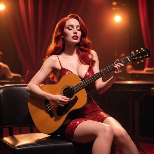 Prompt: (Jessica Rabbit), emotional performance, acoustic guitar, sitting down, wearing revealing slit to the thigh dress (showing off her legs), (tears coming out of her eyes), vibrant colors, warm lighting, (dreamy atmosphere), stage backdrop, cheerful audience, soft focus, detailed facial expression, enchanting surroundings, intense gaze, HD, (whimsical, emotional,vibe).