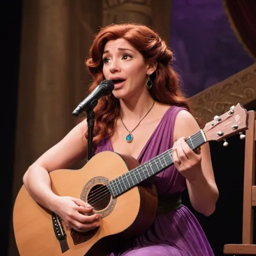 Prompt: Megara from hercules singing playing acoustic guitar in concert sitting down.