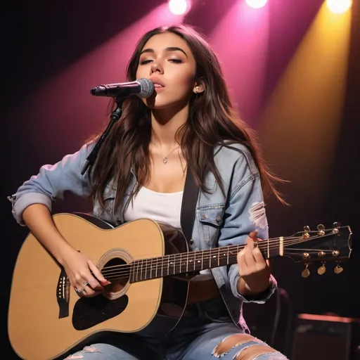 Prompt:  Madison Beer singing at concert strumming her acoustic guitar sitting down and strumming her acoustic guitar wearing ripped torn jeans and showing off her skin.