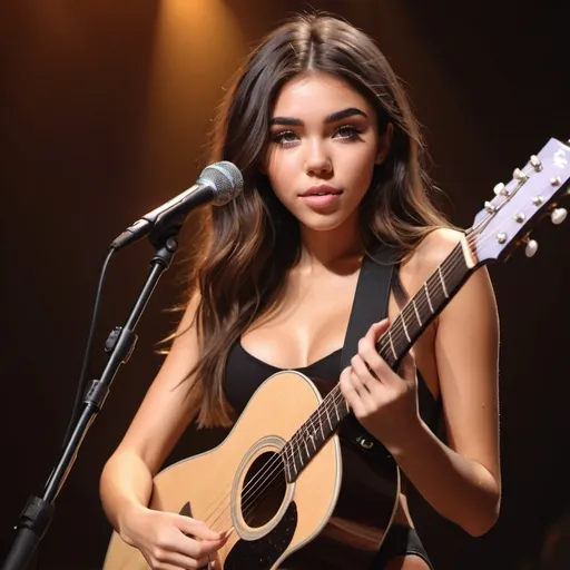 Prompt: Madison Beer looking very beautiful wearing skimpy leotard sitting down singing in concert strumming acoustic guitar and showing off her legs as she sings an emotional performance.