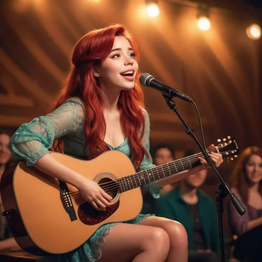 Prompt: (Ariel singing), emotional performance, acoustic guitar, sitting down, (showing off her legs), vibrant colors, warm lighting, (dreamy atmosphere), stage backdrop, cheerful audience, soft focus, detailed facial expression, enchanting surroundings, intense gaze, HD, (whimsical, joyful vibe).