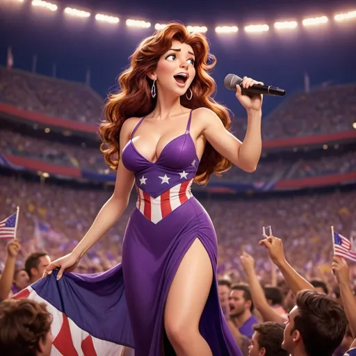 Prompt: (Megara), wearing a revealing high slit to the waist dress, passionately singing The Star Spangled Banner, acoustic guitar in hand, microphone poised, (dynamic and energetic) atmosphere at a lively sports game, cheering crowd, vivid stadium lights illuminating her, capturing a moment of patriotic grandeur, (HD, ultra-detailed) photography style, focused on the emotional performance and vibrant setting.