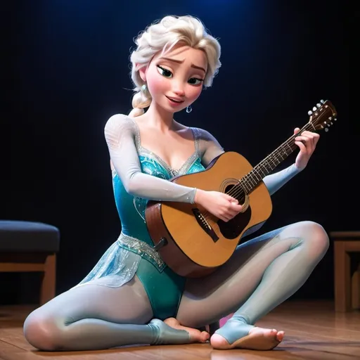 Prompt: Elsa singing in concert sitting down wearing leotard strumming acoustic guitar showing off her legs.