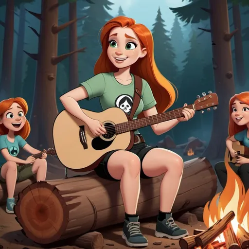 Prompt: Kim Possible sitting down in a log near a crowded campfire singing wearing very short shorts while strumming her acoustic guitar and crossing her legs.