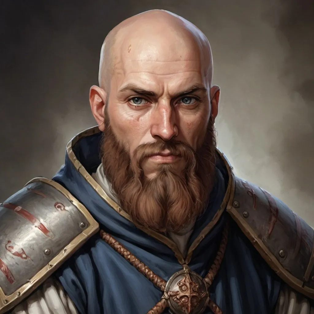 Prompt: Cleric with quarterstaff Baldur's Gate Portrait bald full beard