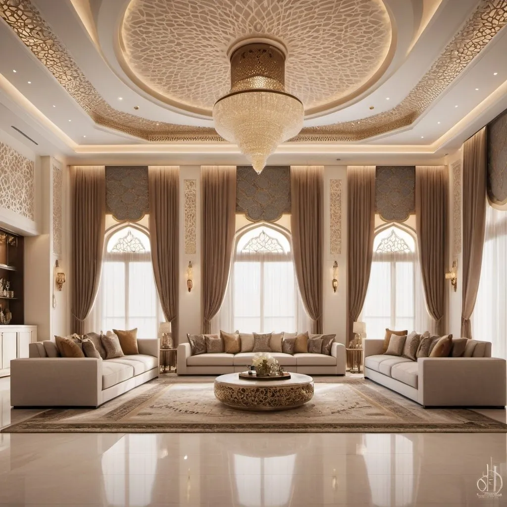 Prompt: spacious & luxurious majlis interior, modern & elegant, Arabic design with contemporary twist, villa in Dubai, highres, elegant, luxurious, modern, Arabic contemporary, spacious, detailed decor, professional lighting, warm tones, intricate patterns, high-quality rendering