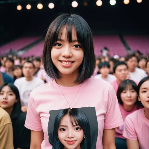 Prompt: Create a high-quality, professional photo of a beautiful 28 years old women who resembles Lisa Blackpink, with big eyes and black layered bob hair styled  and brown skin tone and have a mole under the eye. She is wearing a pink t-shirt . She has a little smile on her face. The background is concert stage show. Adding a touch of whimsy and natural beauty. The overall aesthetic should be vibrant and captivating, emphasizing her unique charm ,tomboy and playful appearance. Ensure the image has the clarity, depth, shot on Kodak Gold 400 film.