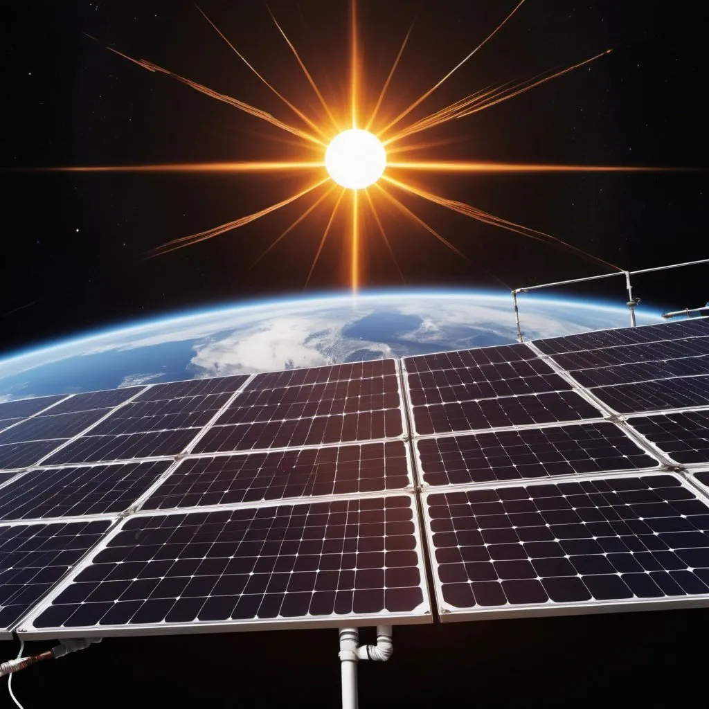 Prompt: Solar panels covering the sun, drinking the energy, all around in space, connecting to earth on the left with a large wire with energy  inside.
