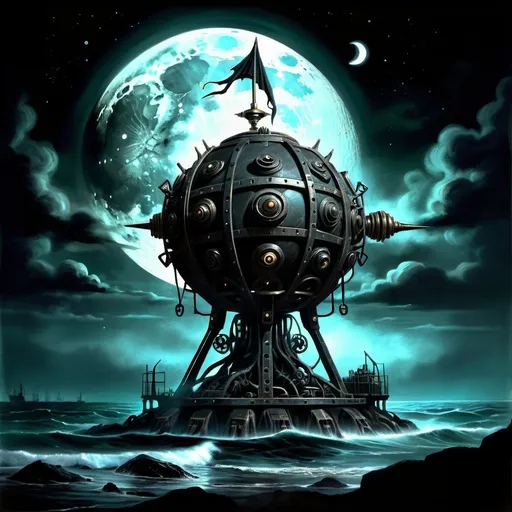 Prompt: Ancient eldritch weird mechanical turret, mecha, occultism, dark art, artillery, moonlit shore, colossal, oceanic, haunting, high quality, detailed, dark fantasy, moonlit, occult, eldritch, eerie, ancient, mysterious, supernatural, intricate design, ominous moonlight, eerie shadows, oceanic atmosphere, occult symbols, surreal, misty, ethereal glow, ancient machinery, haunting presence