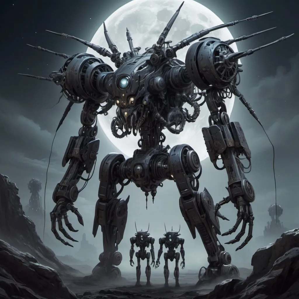 Prompt: Ancient eldritch weid humanoid mecha, dark art, moonlight, huge, swarm of mechanical humanoid drones