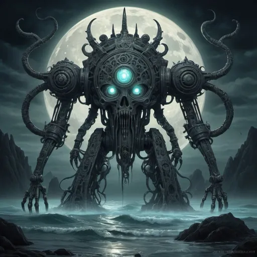 Prompt: Ancient eldritch weird mecha, occultism, dark art, moonlit shore, colossal, oceanic, haunting, high quality, detailed, dark fantasy, moonlit, occult, eldritch, eerie, ancient, mysterious, supernatural, intricate design, ominous moonlight, eerie shadows, oceanic atmosphere, occult symbols, surreal, misty, ethereal glow, ancient machinery, haunting presence