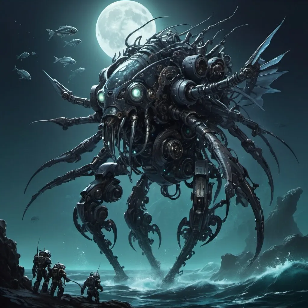 Prompt: Ancient eldritch weid mecha, dark art, moonlight, huge, swarm of mechanical fishes