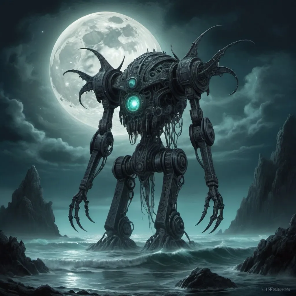 Prompt: Ancient eldritch weird mecha, occultism, dark art, moonlit shore, colossal, oceanic, haunting, high quality, detailed, dark fantasy, moonlit, occult, eldritch, eerie, ancient, mysterious, supernatural, intricate design, ominous moonlight, eerie shadows, oceanic atmosphere, occult symbols, surreal, misty, ethereal glow, ancient machinery, haunting presence