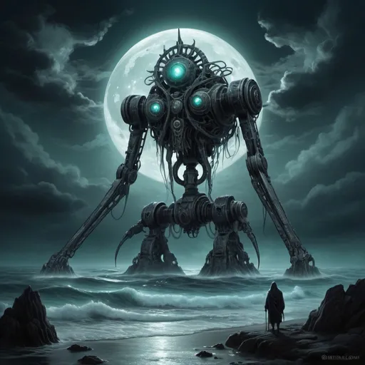 Prompt: Ancient eldritch weird mecha, occultism, dark art, moonlit shore, colossal, oceanic, haunting, high quality, detailed, dark fantasy, moonlit, occult, eldritch, eerie, ancient, mysterious, supernatural, intricate design, ominous moonlight, eerie shadows, oceanic atmosphere, occult symbols, surreal, misty, ethereal glow, ancient machinery, haunting presence