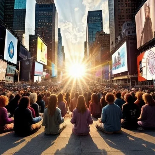 Prompt: dimensions of image. 1080 X 1920 

a group of beautiful humans meditating in times square at sunrise on the solstice. include sacred geometry in the sky

see the circle of humans from a far, see the light traveling into a crystal beneath the concrete and rippling out through earth 
