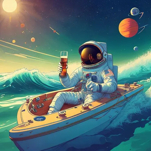 Prompt: an astronaut in space in a boat, with sun and beer in his hand, with waves, planets, vibrant lighting, elegant, highly detailed, smooth, sharp focus, illustration, beautiful, geometric, full body, cinematic, artwork 