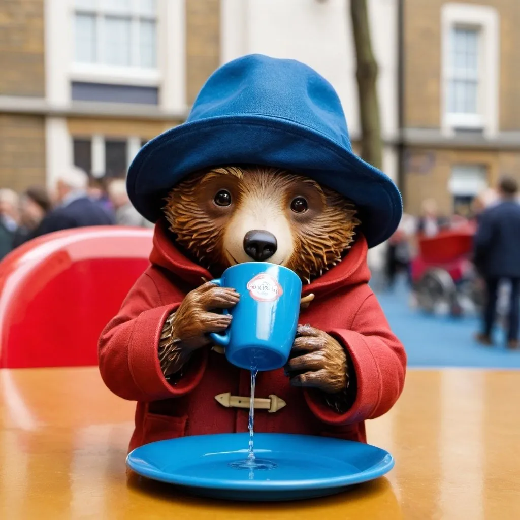 Prompt: A Paddington bear drinks from a tritan cup