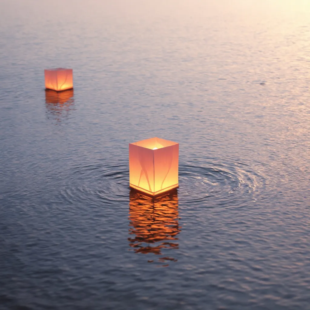 Prompt: mysterious water square paper lanterns on the water, high quality, unreal engine

